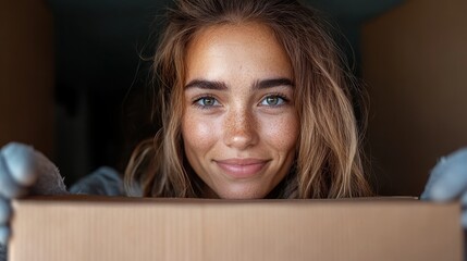 A young woman with freckles and bright eyes grins as she holds a cardboard box, suggesting confidence, warmth, and the spirit of helpfulness or gift-giving.