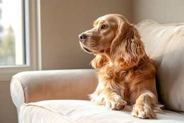 Golden cocker spaniel with thick coat sitting on velvet couch
