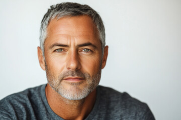 Man with grey hair and grey shirt, smiling while sitting on bench in park. Trees and blue sky in background, book in hand. Peaceful expression.