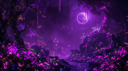Enchanted Purple Fantasy Forest, Glowing Flowers, Stream, Castle