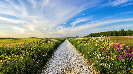 Serene Summer Landscape Blooming Wildflowers, Pebbles, Canal