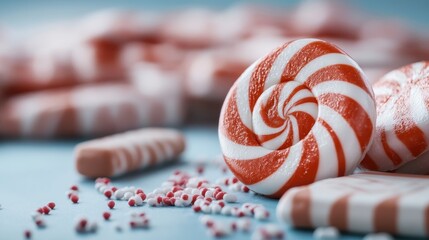 A delightful close-up showcases red and white peppermint swirl candies, capturing their vibrant colors and intricate patterns amidst a soft-focus candy backdrop.