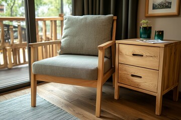 Obraz premium Cozy chair and nightstand in a modern living space.