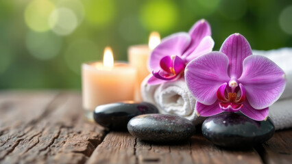 A pink orchid, candles, stones, and a towel are arranged on a wooden surface.
Concept of: spa treatment.
