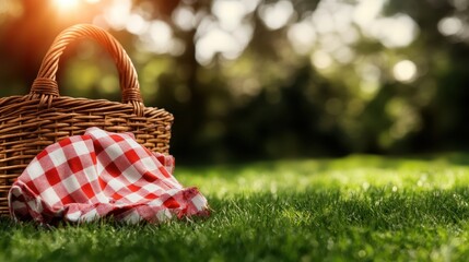 A picturesque picnic basket topped with a red checked cloth sits invitingly on bright, lush grass, basking in sunlight, evoking a sense of leisurely delight.