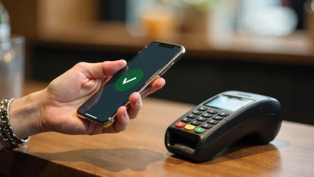 A hand is holding a smartphone with a checkmark on the screen near a payment terminal.
Concept of: contactless payment.