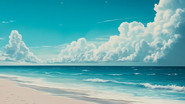 tranquil summer backdrop of a pristine beach, azure waters, and a sunlit horizon, with soft white clouds drifting lazily across the sky. Sunlit. Illustration
