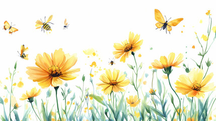 A cute watercolor of a coreopsis, with bright yellow petals, in a sunlit meadow, surrounded by buzzing bees and fluttering butterflies, isolated on white. Sunlit. Illustration