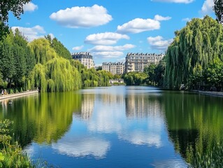 Obraz premium Calm lake reflecting buildings and trees under a partly cloudy sky.