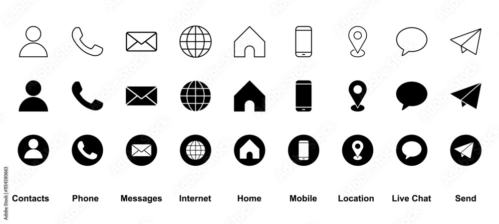 Poster set of icons phone contact web home email location send share chat message telephone browser address