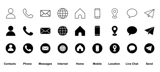 Set of icons phone contact web home email location send share chat message telephone browser address icon collection mobile mail communication business computer