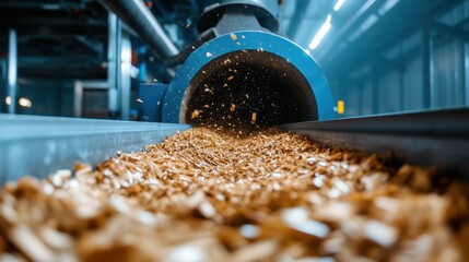 A high-speed processing unit rapidly propelling wood chips on a conveyor belt, emphasizing modern industrial efficiency and mass production capabilities of raw materials.