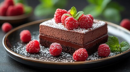 A beautifully plated chocolate cake with fresh raspberries and mint leaves on a dark plate, showcasing an elegant dessert presentation.