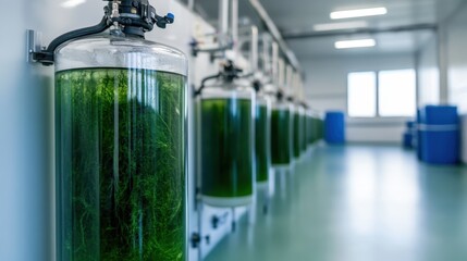 A row of algae tanks is showcased within a sterile and brightly lit laboratory, reflecting modern scientific research methods and ecological innovation in biofuel development.