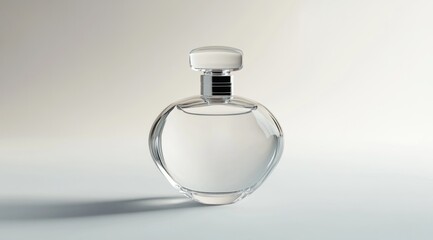 Clear glass perfume bottle on white background.