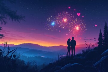 Fototapeta premium Couples enjoy a romantic evening as fireworks illuminate the night sky over a mountain landscape