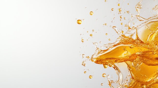 A dynamic image of a golden liquid explosion, with droplets frozen in mid-air against a plain backdrop, creating an energetic and exhilarating visual experience.