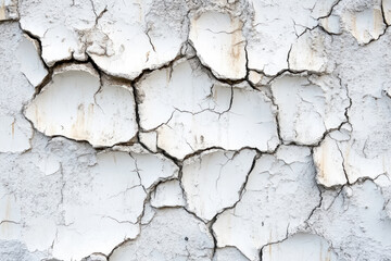 Obraz premium Cracked white paint on a wall with shadows, creating a textured and aged look in a minimalistic style.