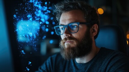 A bearded man with glasses focuses on his computer, with abstract digital elements swirling around, symbolizing creativity and modern digital work dynamics.