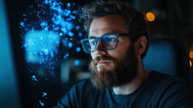 A bearded man with glasses focuses on his computer, with abstract digital elements swirling around, symbolizing creativity and modern digital work dynamics.
