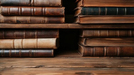 A collection of antique leather-bound books neatly stacked on rustic wooden shelves, showcasing a historical and vintage appeal in a study setting.