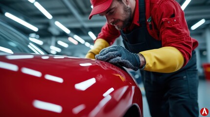 A worker in a red uniform uses protective gloves to carefully polish the surface of a red car, demonstrating detailed attention and care in automotive detailing work.