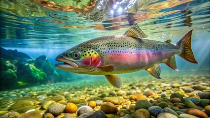 Naklejka premium Rainbow trout in clear water, vibrant underwater scene.