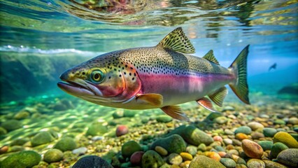 Naklejka premium Rainbow trout in clear water, vibrant underwater scene.