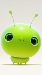 A cute, green cartoon character with big eyes and antennae, smiling cheerfully.