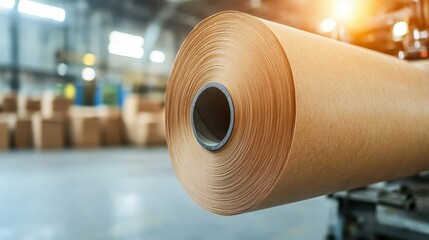 A hefty kraft paper roll, intended for packaging, highlights the ongoing industrial operations within a spacious, efficient manufacturing facility.