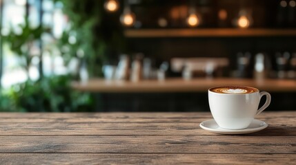 Obraz premium A beautifully crafted latte in a white cup sitting on a wooden table in a warmly lit and inviting coffee shop, showcasing the artful foam heart on top.