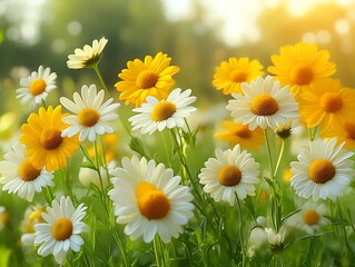 Obraz premium Sunlit Meadow With White And Yellow Daisies