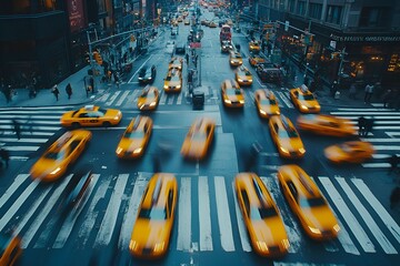 Yellow taxis moving through a busy urban crossroad in a dynamic and vibrant cityscape, emphasizing...