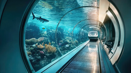 Obraz premium Futuristic underwater tunnel with marine life and shark in blue ocean