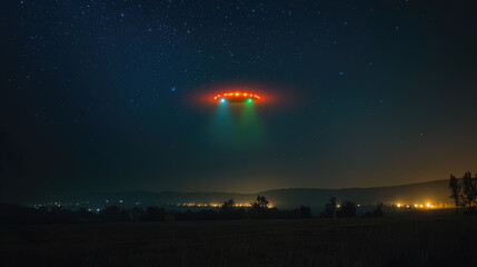 Mysterious ufo with colored lights in night sky over countryside horizon and starry background