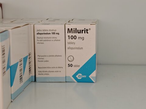 Prague,Czech Republic-October 9 2024: Milurit 100 by EGIS contains ALLOPURINOL, used to treat gout and high uric acid levels in the blood, promoting kidney health and preventing crystal formation.

