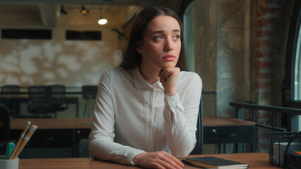 Thoughtful upset sad Caucasian girl lady businesswoman student think deep thought difficult problem...