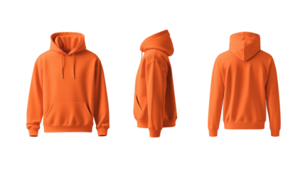 Front and back view of orange hoodie on transparent or white background