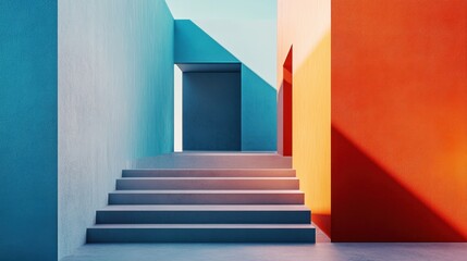 Obraz premium Bright minimalist outdoor staircase surrounded by colorful geometric walls in blue, orange, and yellow tones
