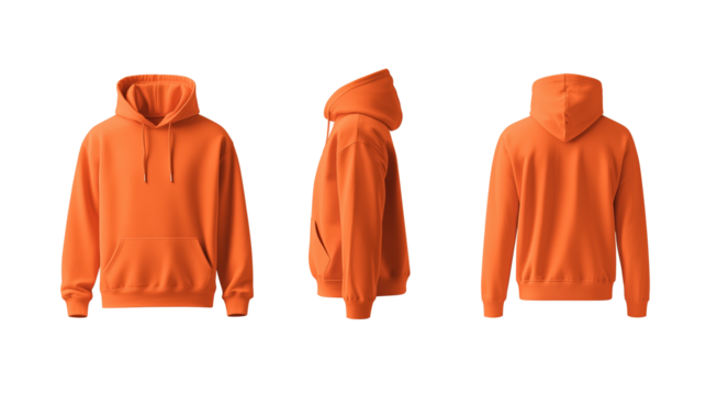 Front and back view of orange hoodie on transparent or white background