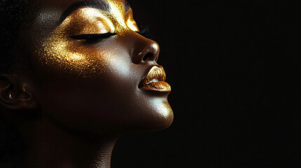 A high-fashion portrait of a black woman with golden face paint, ideal for beauty campaigns, fashion magazines, award ceremonies, and art exhibits celebrating empowerment and elegance.