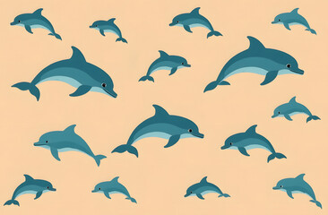 Obraz premium Seamless pattern with blue dolphins on mocha mousse background. Wrapping paper concept. Banner. Vector illustration