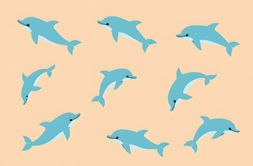 Fototapeta premium Seamless pattern with blue dolphins on mocha mousse background. Wrapping paper concept. Banner. Vector illustration