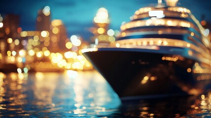 Fototapeta premium Majestic Ship on Water with Urban Bokeh Background