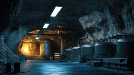 Industrial Underground Mineral Refinery: Centrifuges, Chemical Processing Tanks, and Heavy-Duty Ventilation Under Emergency Lighting. Advanced Facility Design in 16:9 Aspect Ratio.