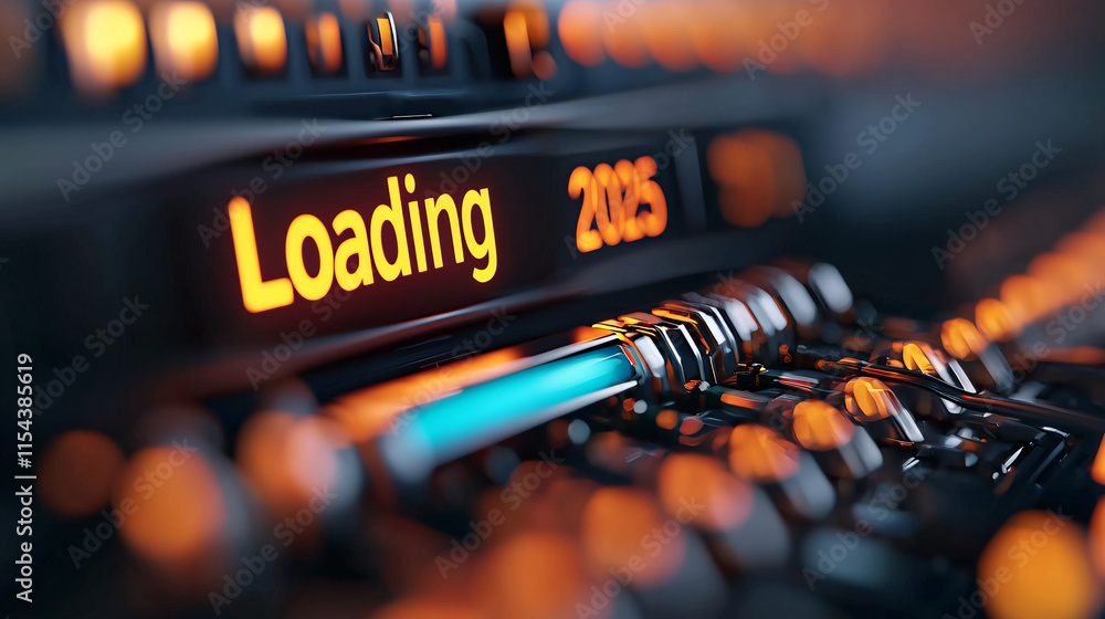 Poster loading 2025: a futuristic digital display showcasing a sleek, technological loading bar, hinting at