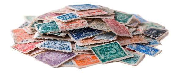 Colorful assorted vintage postage stamps collection. transparent background