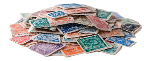 Colorful assorted vintage postage stamps collection. transparent background
