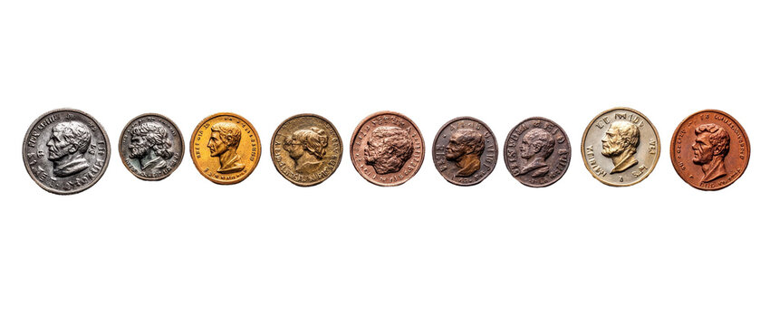 Collection of diverse historical coins displayed. transparent background