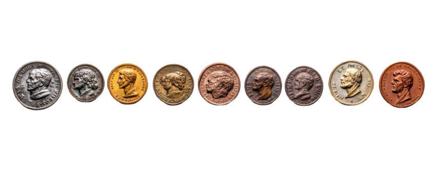 Collection of diverse historical coins displayed. transparent background